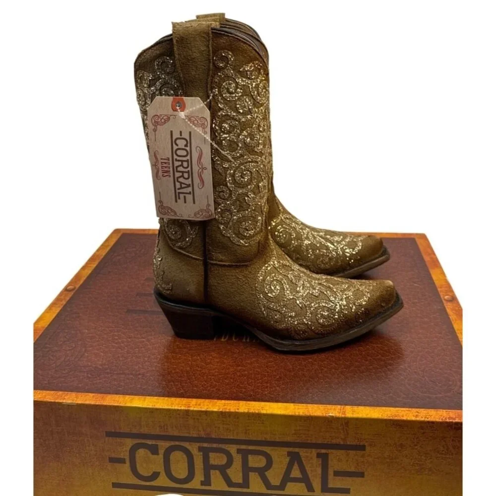 CORRAL Youth‎ Embroidery & Tan Overlay Studs Boots T0135 Size 2.5